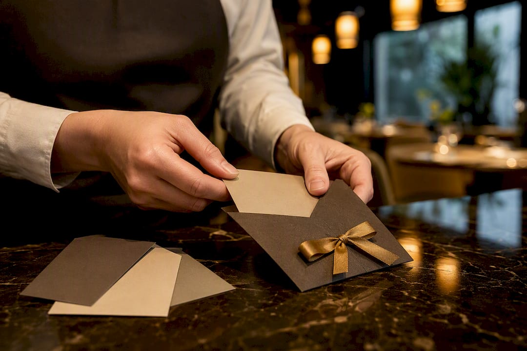 Restaurant operator preparing gift card packaging