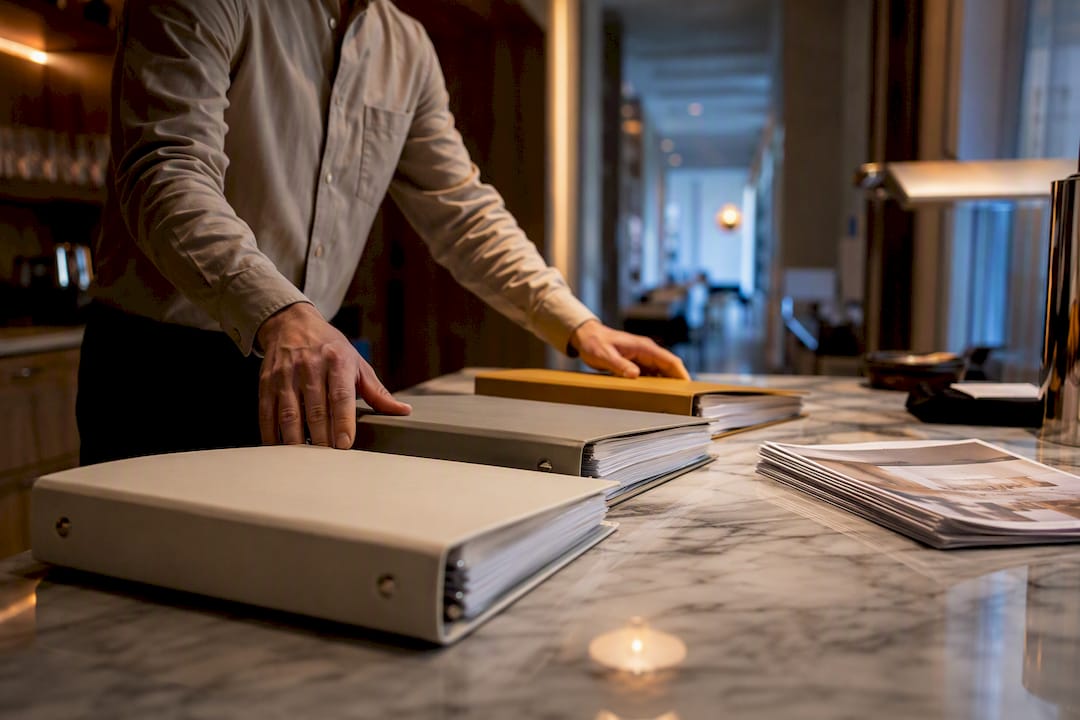 Manager comparing restaurant menu versions