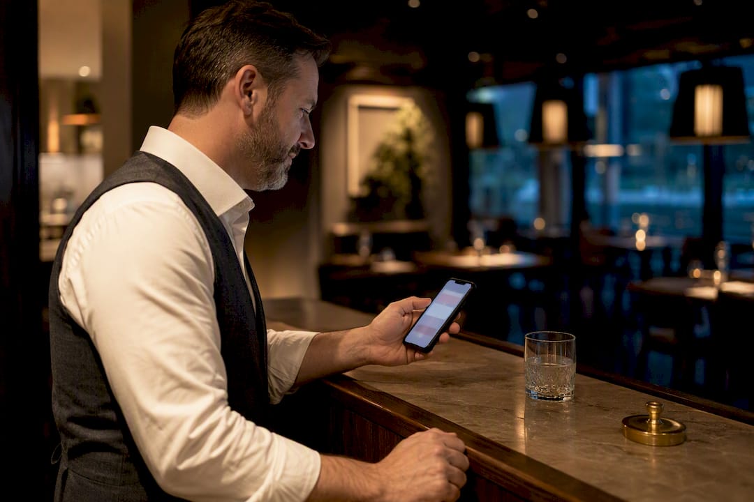 Restaurant manager reviewing guest follow-up message
