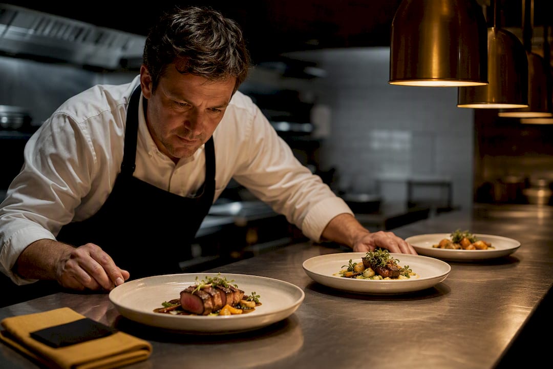 Manager evaluating plated restaurant dishes