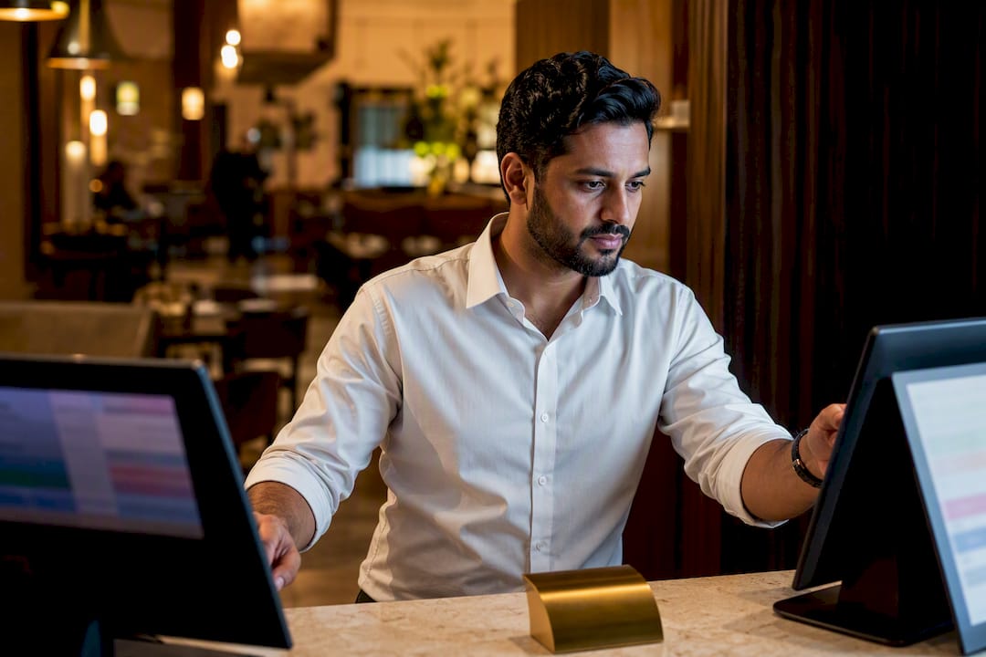 Operator checking synchronized restaurant menu systems
