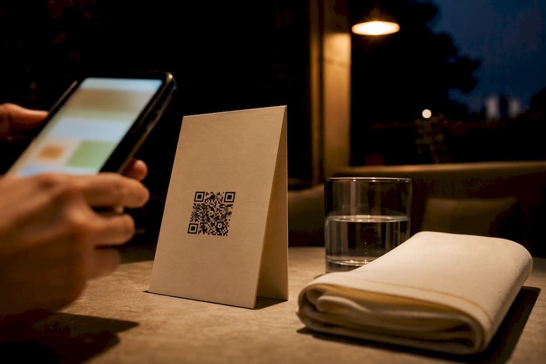 Guest scanning QR code at dim restaurant table
