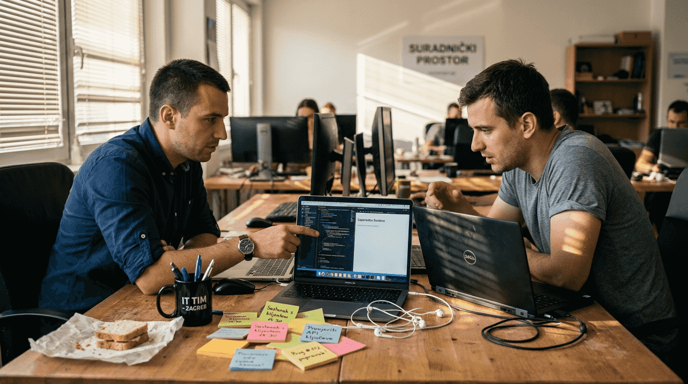 IT stručnjaci zajednički analiziraju i uspoređuju različite CMS sustave za radnim stolom.