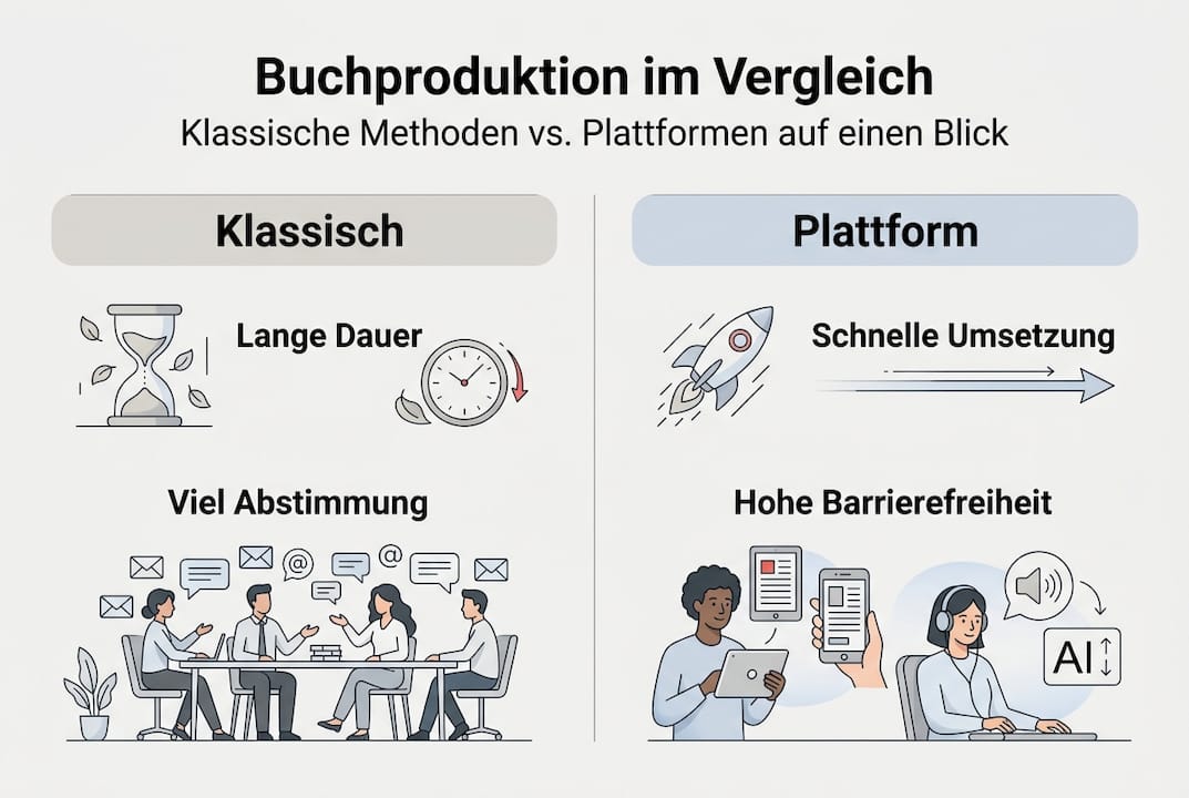 Infografik: Traditionelle Buchherstellung vs. Self-Publishing auf Plattformen im Vergleich