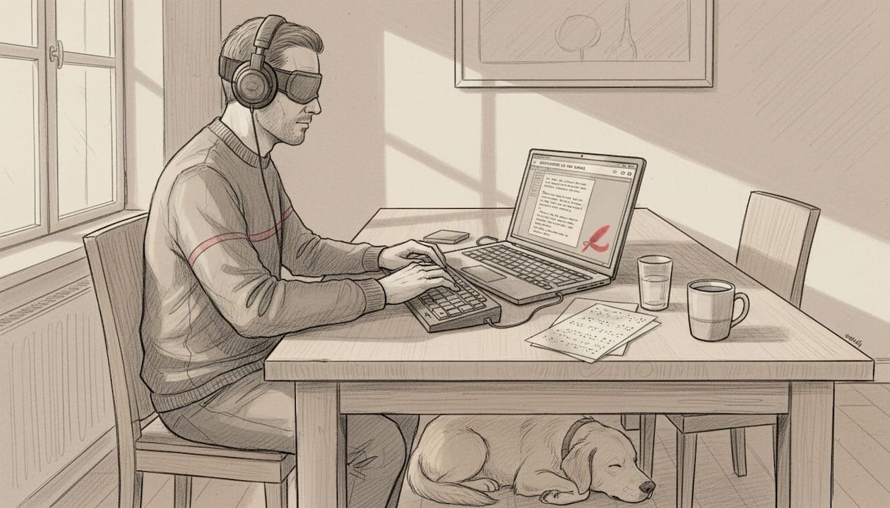 Ein blinder Mann sitzt am Küchentisch und arbeitet an einem barrierefreien Buch.
