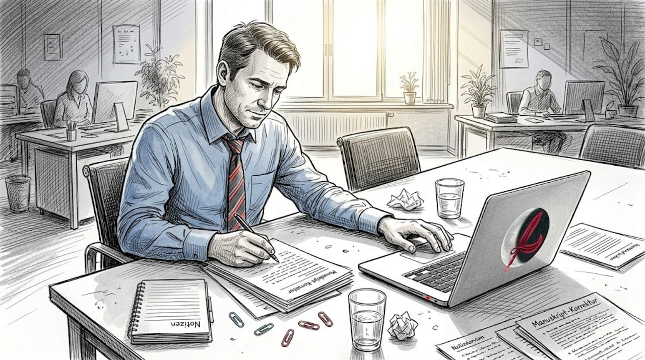 Ein Redakteur prüft Ausdrucke und arbeitet am Laptop im Büro.
