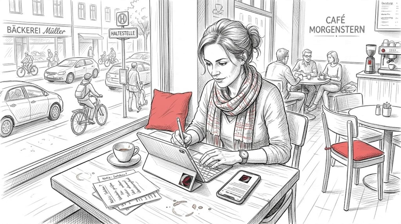 Eine Frau sitzt im Café und arbeitet an einer Übersetzung auf ihrem Tablet.
