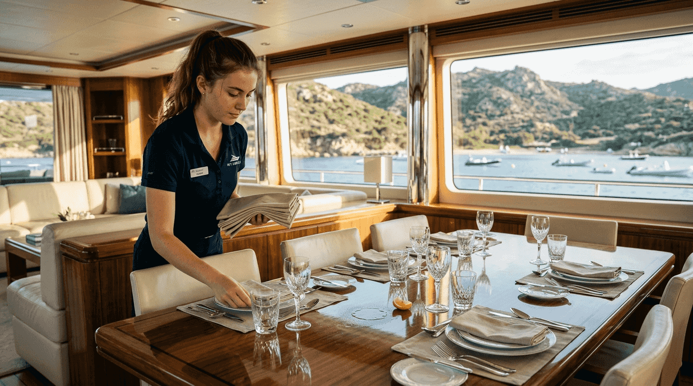 Yacht steward preparing elegant dining table