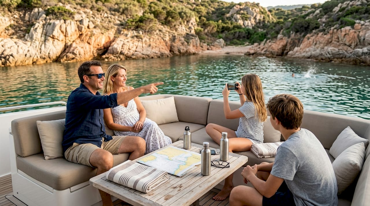 Family relaxing during Costa Smeralda yacht cruise