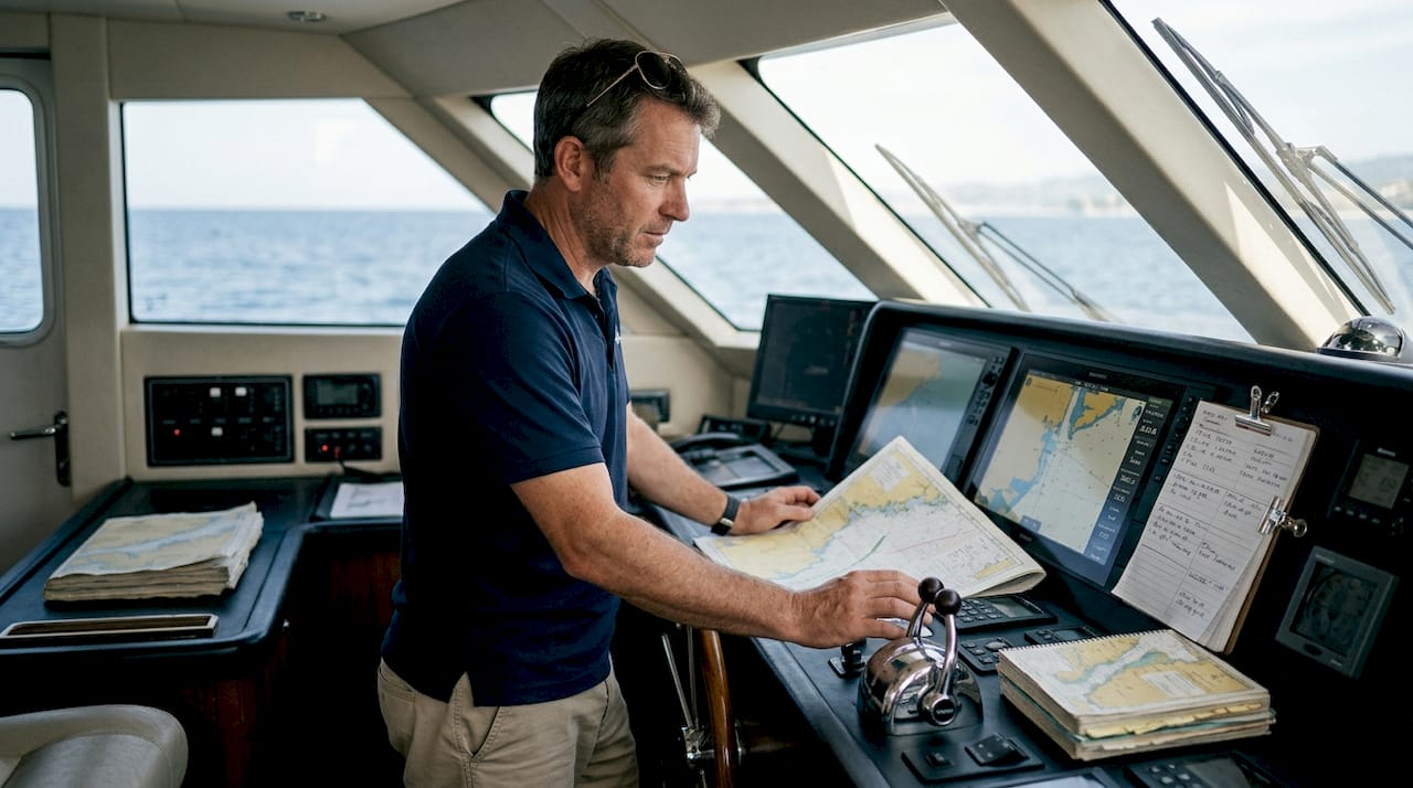 Yacht captain checking navigation display