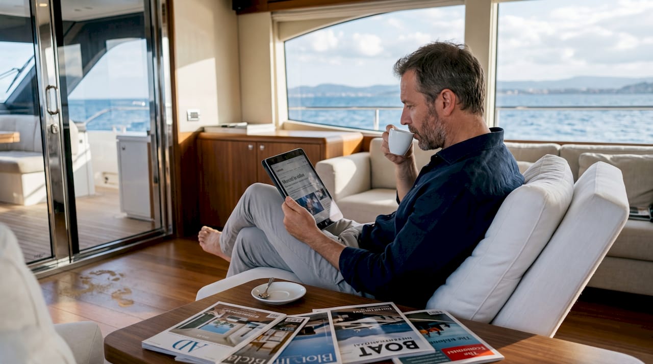 Cliente di yacht di lusso rilassato sul ponte mentre utilizza il tablet