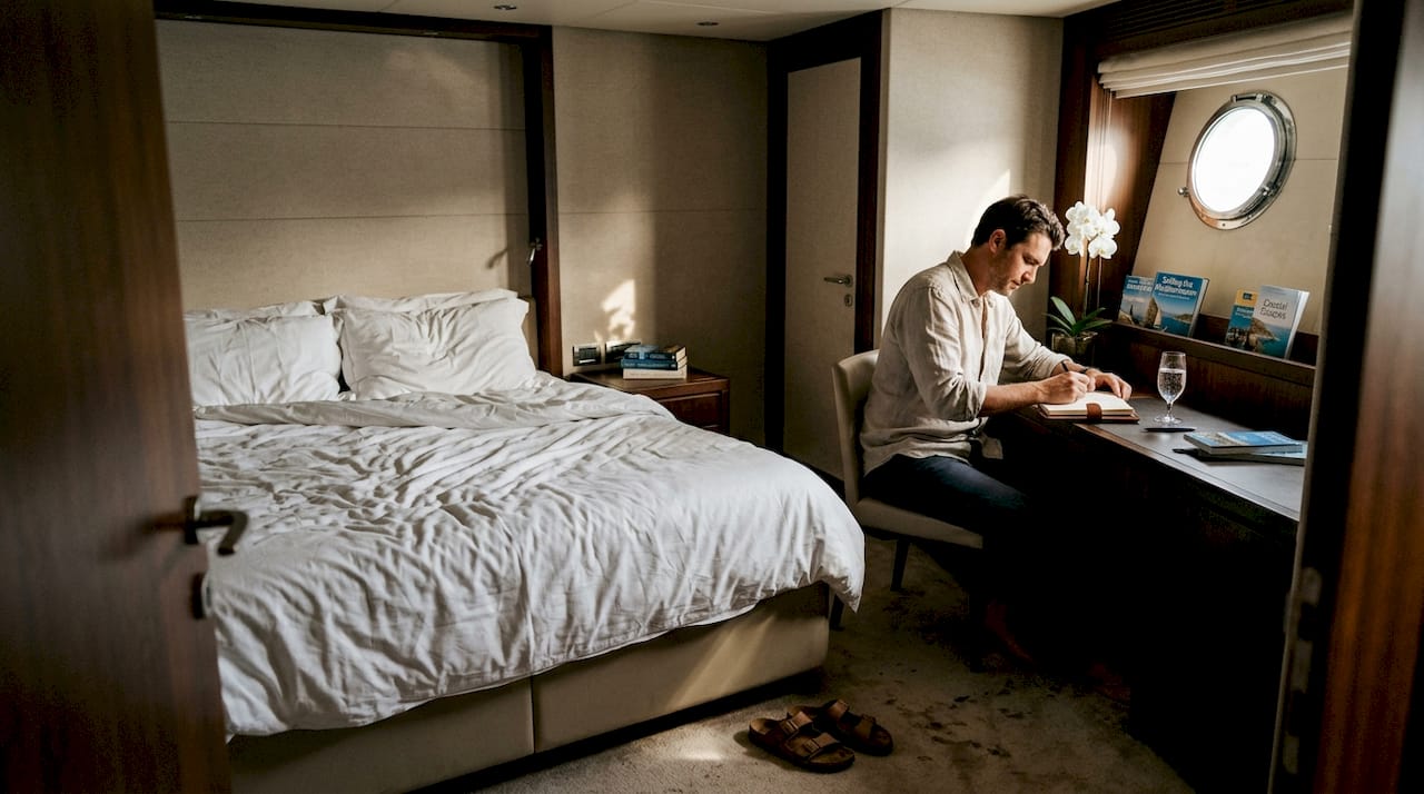 Luxury yacht suite with guest writing