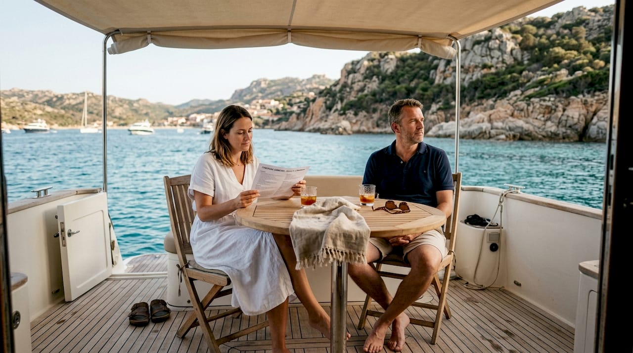 Ospiti che si godono momenti di relax a bordo di uno yacht, immersi nelle acque cristalline della costa sarda.
