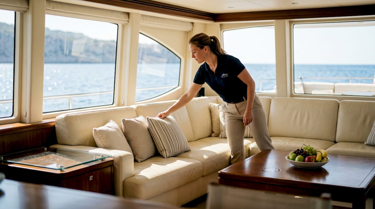 Un membro dell’equipaggio si occupa di sistemare i cuscini nel salone dello yacht, curando ogni dettaglio per garantire un ambiente accogliente e raffinato agli ospiti a bordo.