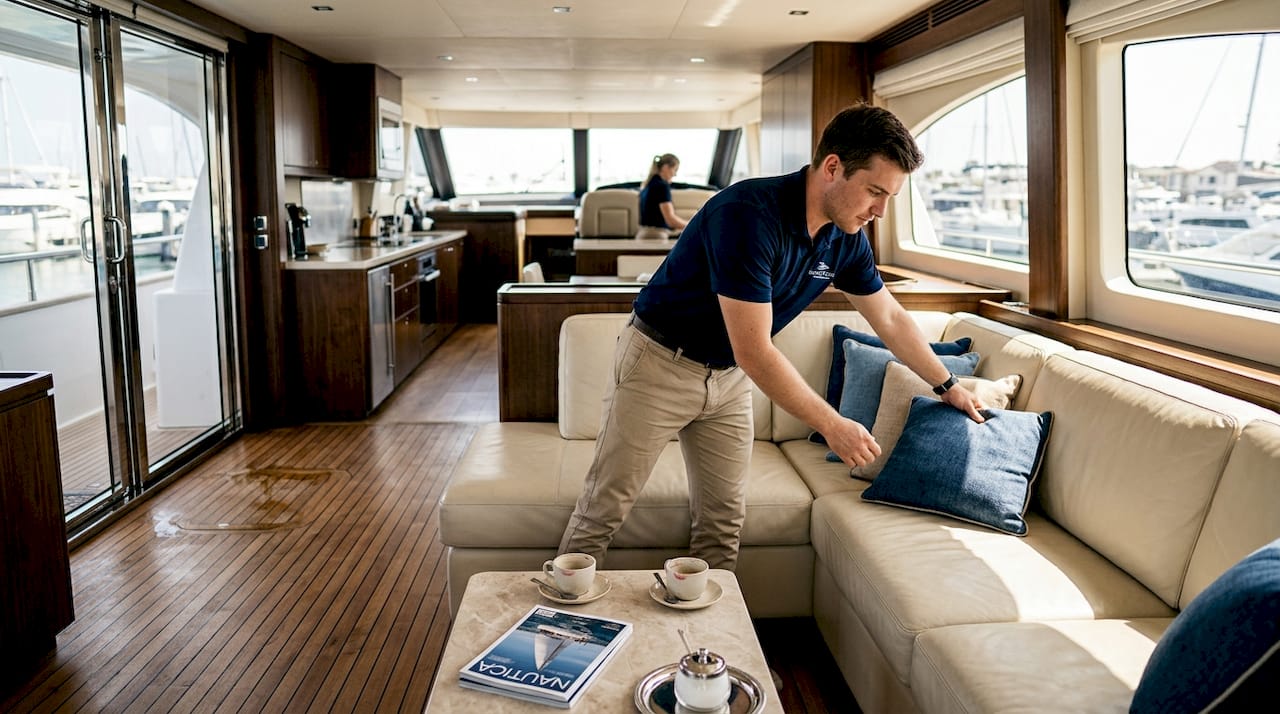Uno steward dello yacht si sta occupando di sistemare i cuscini nel salone principale, curando ogni dettaglio per offrire agli ospiti il massimo comfort.