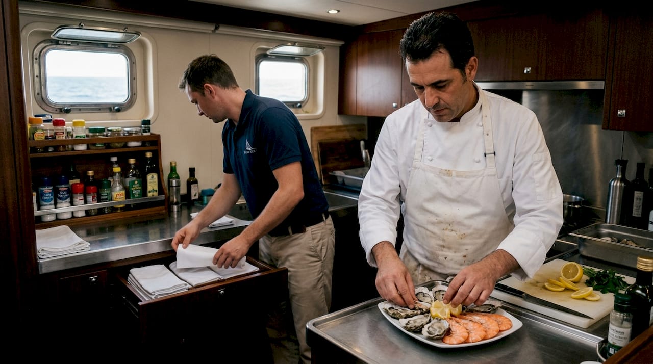 Lo chef di bordo si dedica alla preparazione di piatti a base di pesce direttamente nella cucina dello yacht.