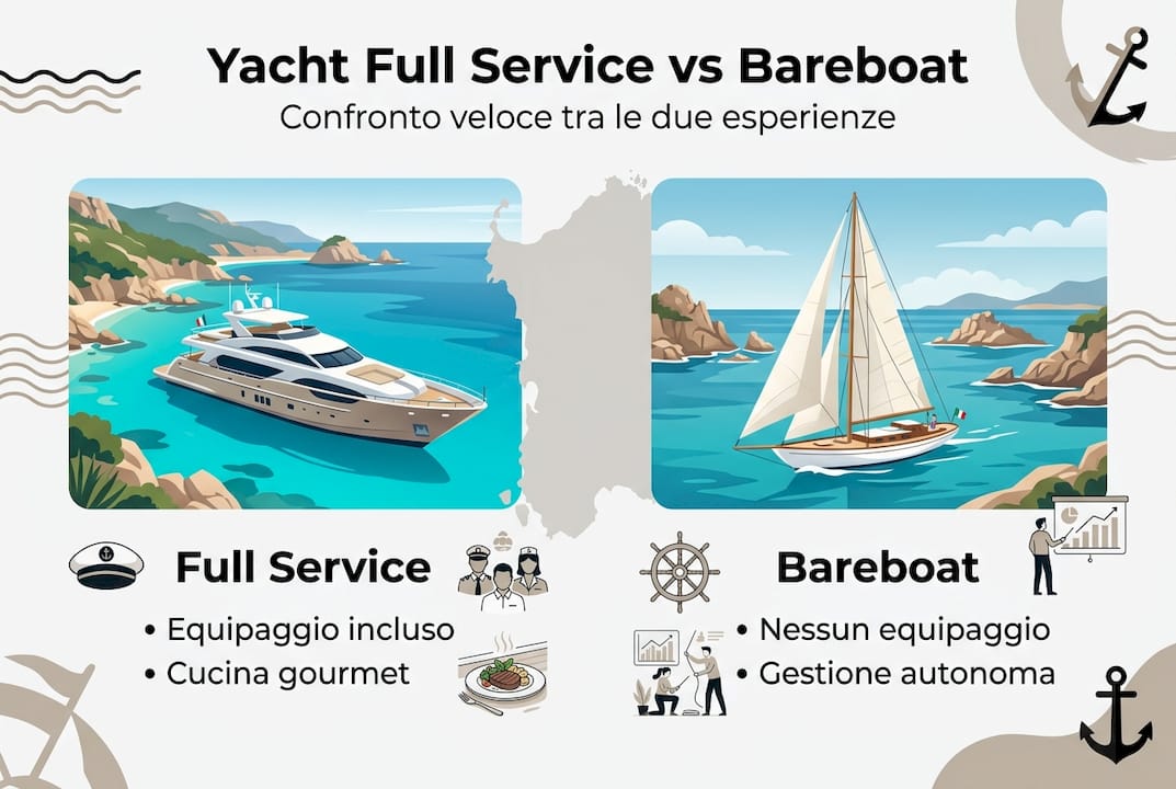 Infografica: confronto tra noleggio yacht con equipaggio e formula bareboat