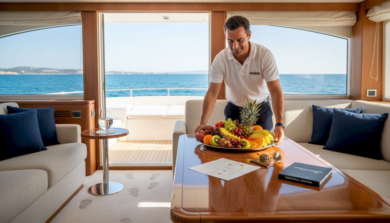 Steward preparing lounge on luxury yacht