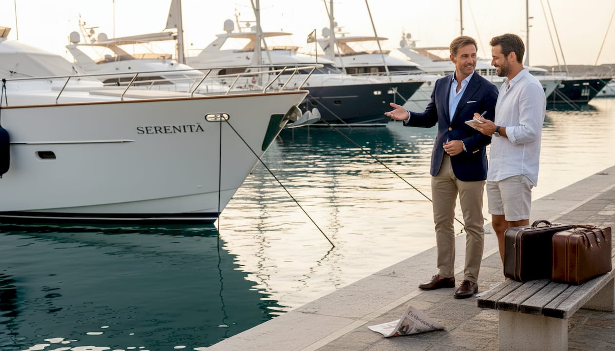 Il broker e il cliente si incontrano in porto per scegliere insieme lo yacht più adatto alle loro esigenze.