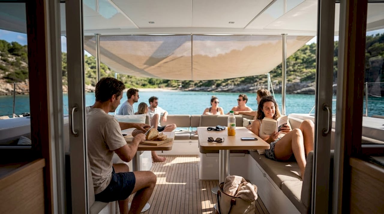 Un ampio ponte di catamarano dove gli amici si godono il relax e la brezza del mare.