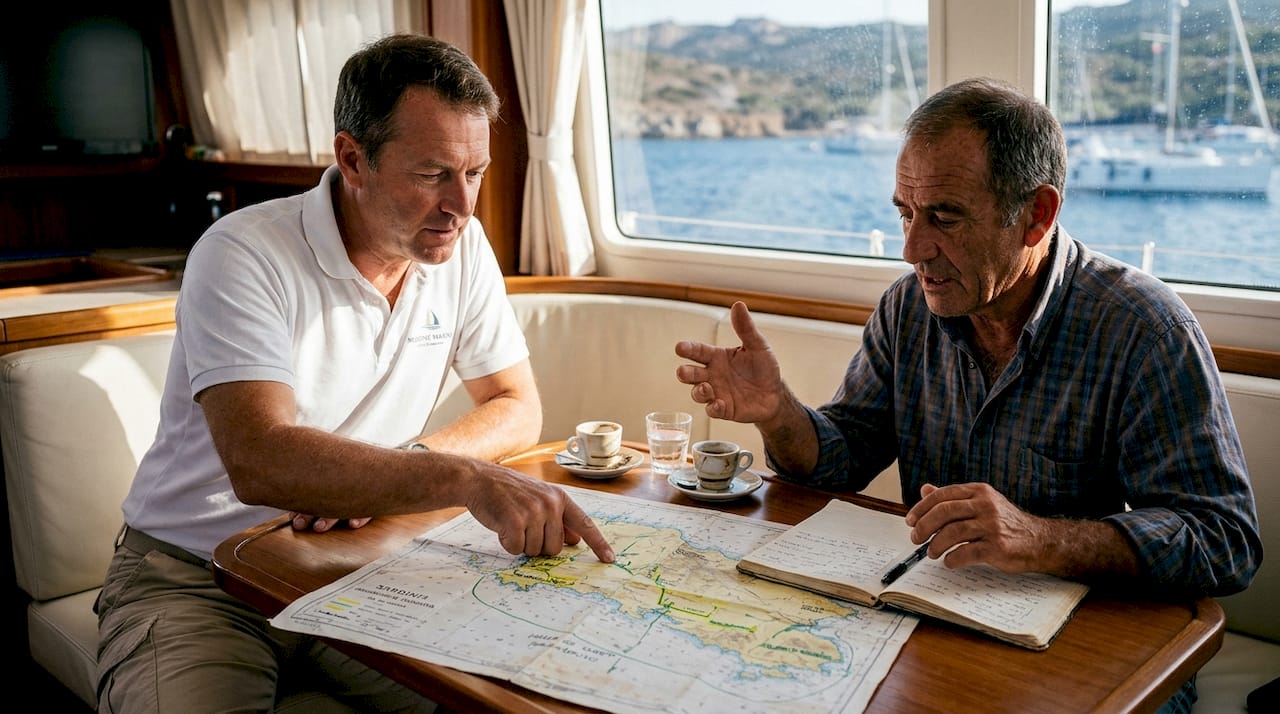 Yacht captain and local guide planning routes