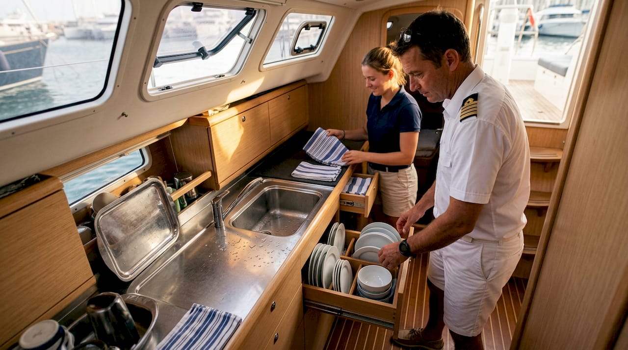L’equipaggio si occupa di riorganizzare la cambusa a bordo dello yacht di lusso, assicurandosi che tutto sia in perfetto ordine per la prossima crociera.