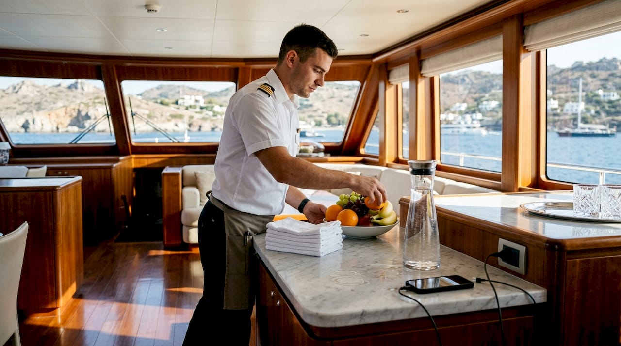 Uno steward di bordo si sta occupando di preparare le bevande per gli ospiti nel salone principale dello yacht di lusso.