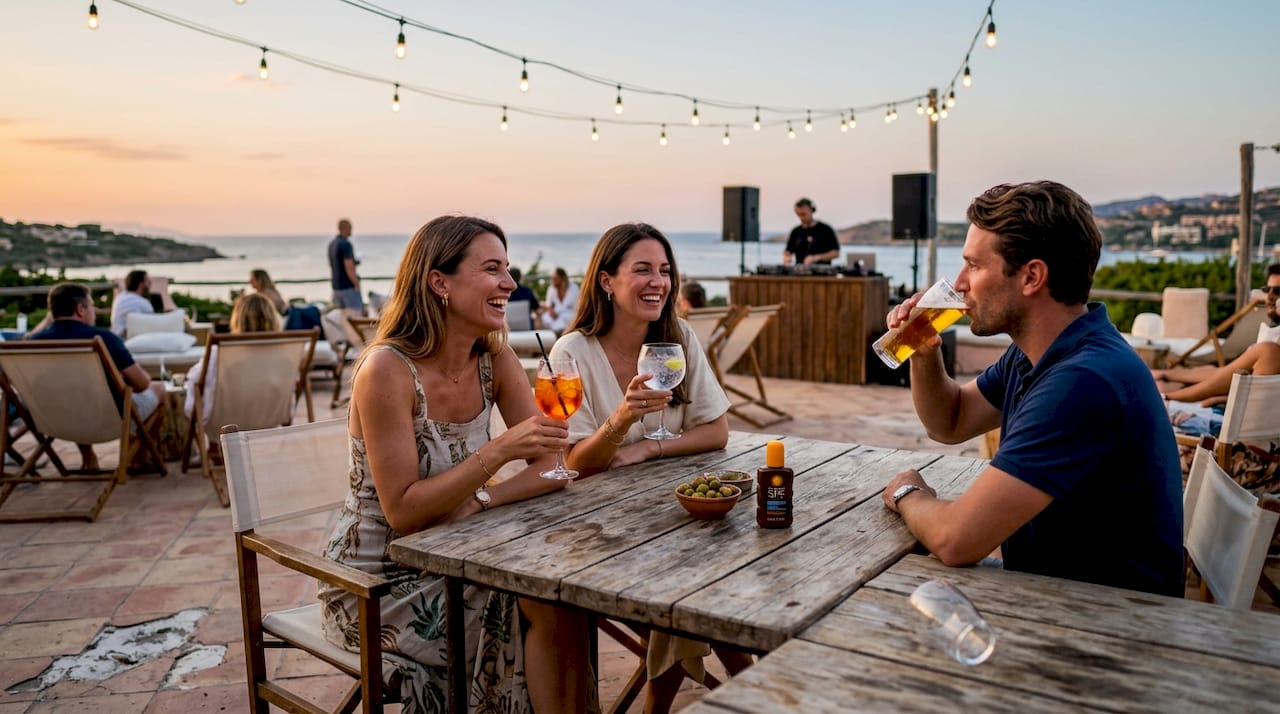 Gruppo di amici che si gode un momento di relax sulla terrazza di un esclusivo beach club a Porto Cervo.