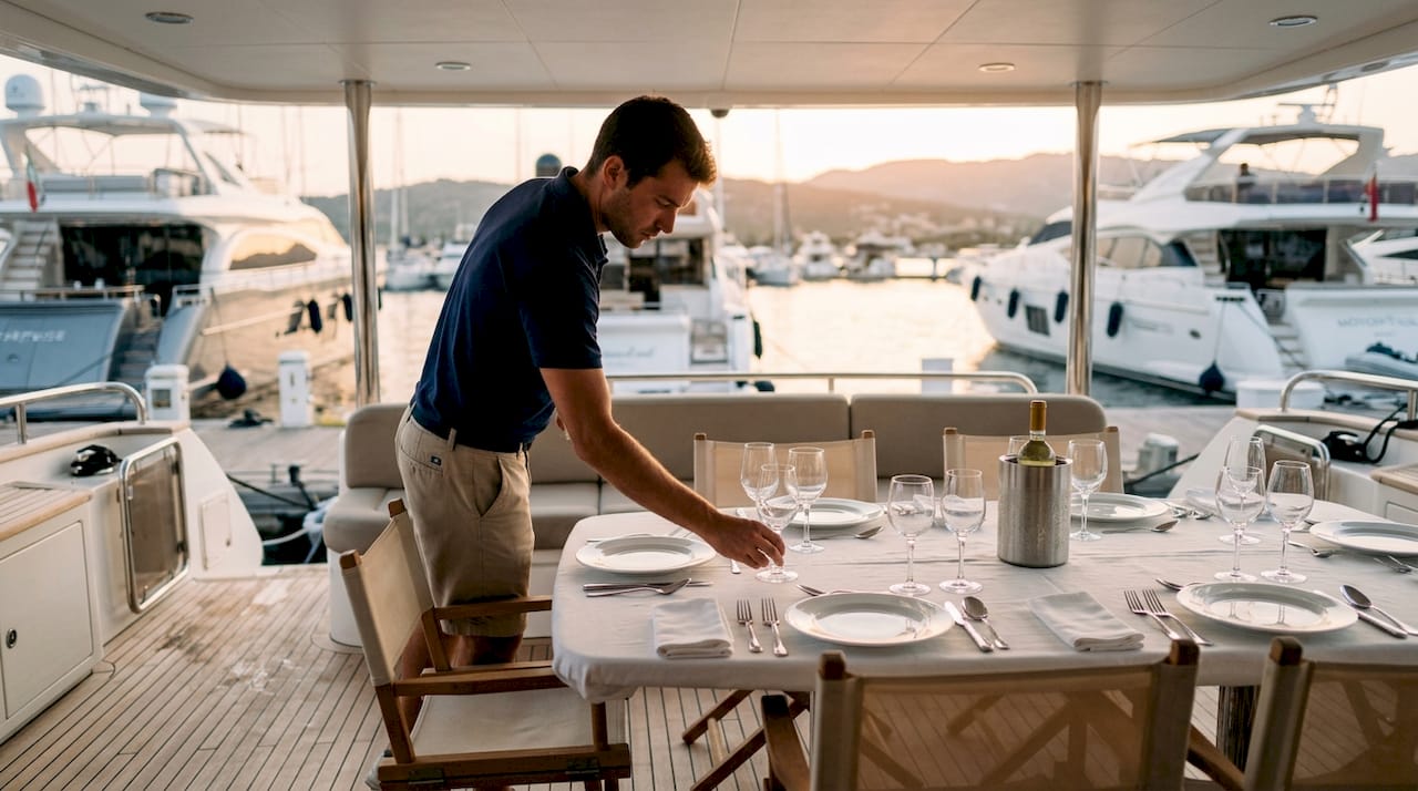 Un membro dell’equipaggio dello yacht sta apparecchiando la tavola sul ponte per la cena.