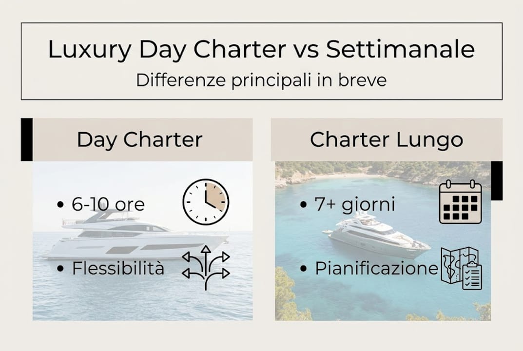 Infografica: confronto tra charter di lusso giornaliero e settimanale