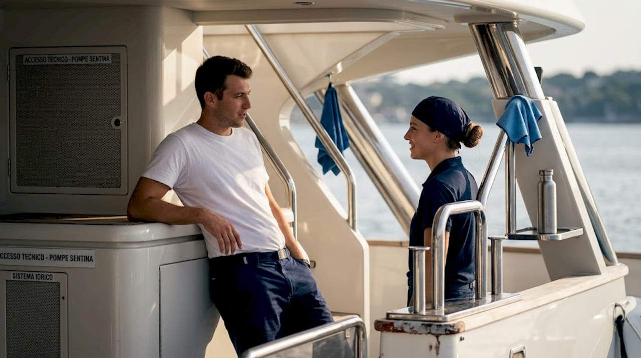 Alcuni membri dell’equipaggio dello yacht stanno discutendo nei pressi del locale tecnico.