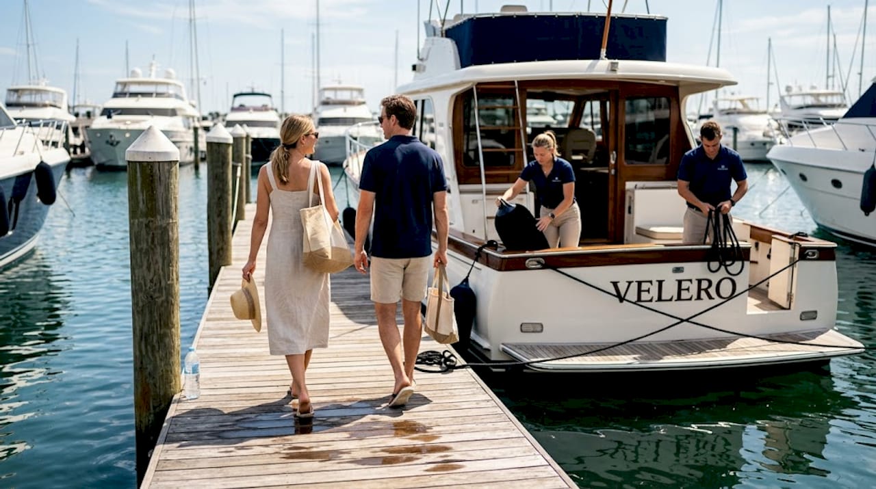 Guests boarding luxury yacht at Sardinia marina
