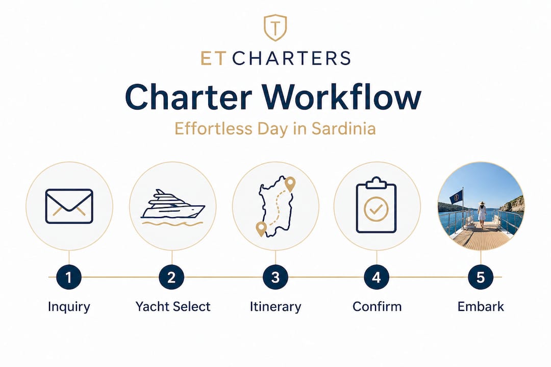 Infographic outlining Sardinia day charter workflow steps