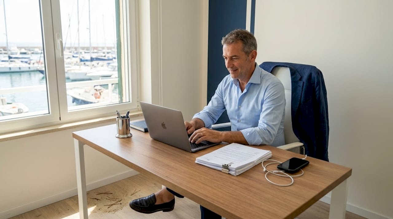 Il broker si occupa della gestione delle prenotazioni di yacht direttamente dall’ufficio, utilizzando piattaforme digitali.