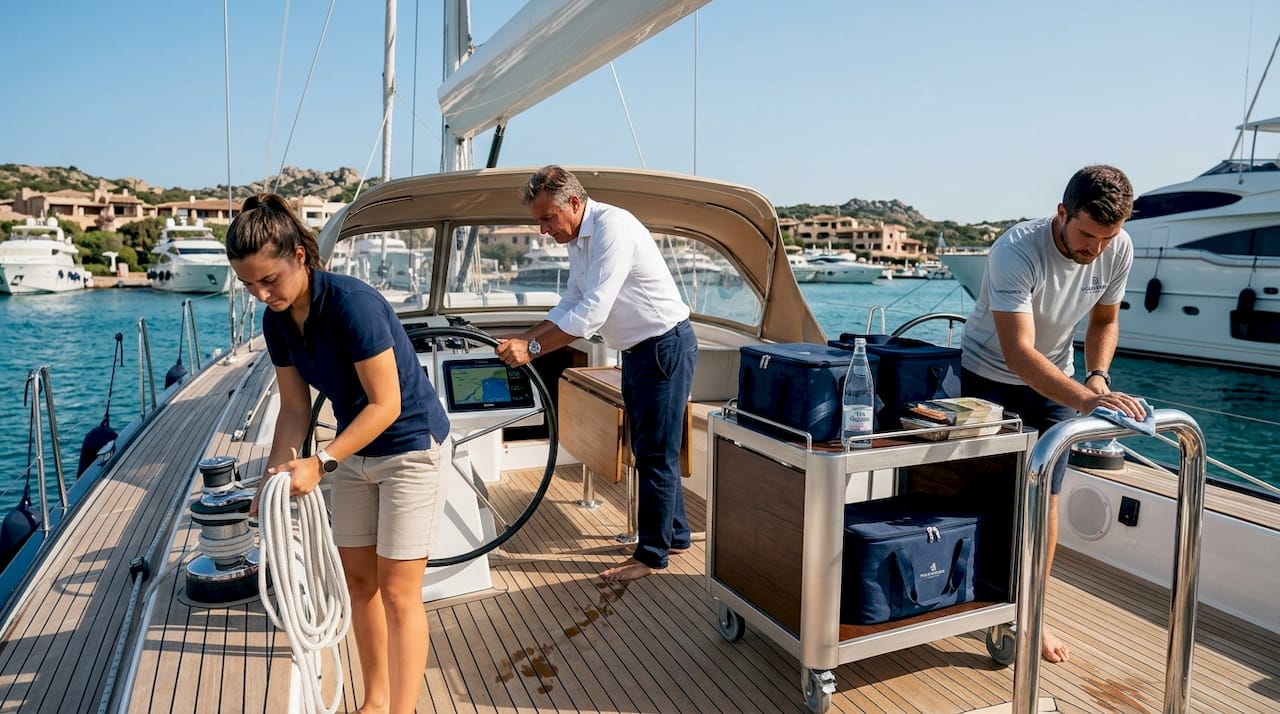 L’equipaggio si prepara a bordo dello yacht prima di salpare