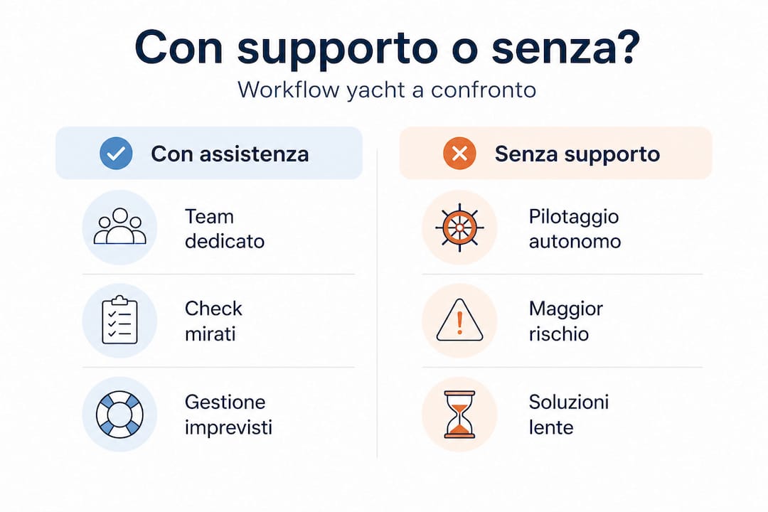 Tabella comparativa dei processi a bordo yacht: con assistenza e senza