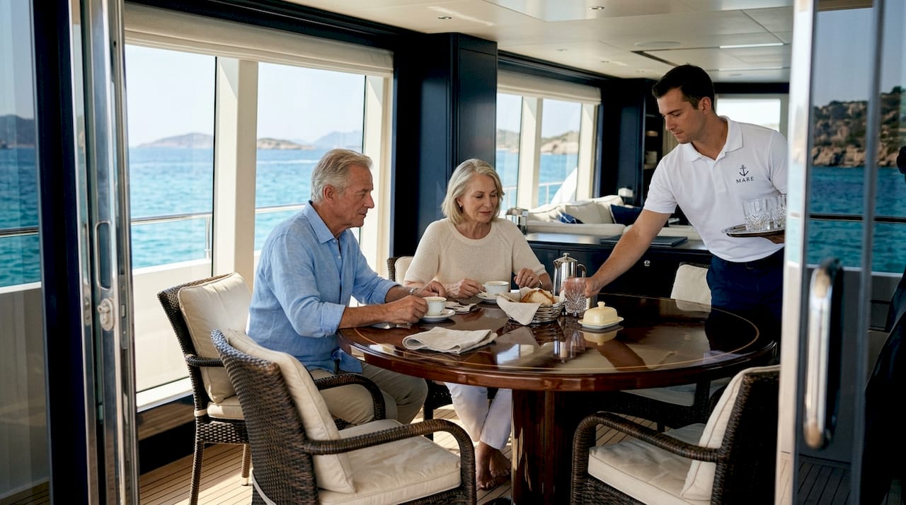 Couple dining inside luxury Mediterranean yacht