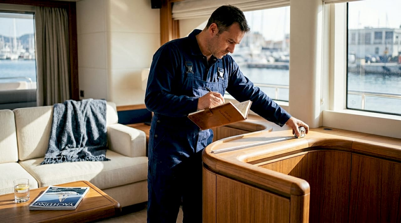 Tecnico che prende le misure per arredamenti su misura a bordo di uno yacht