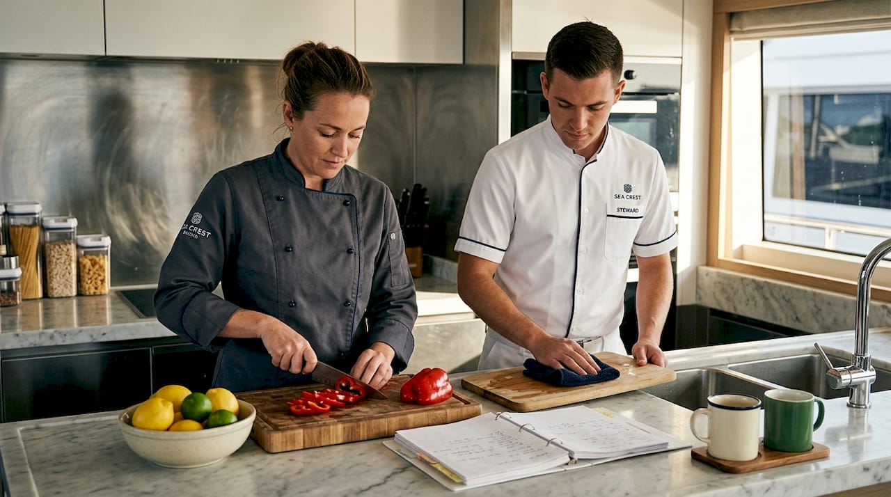 Yacht crew preparing meal in galley