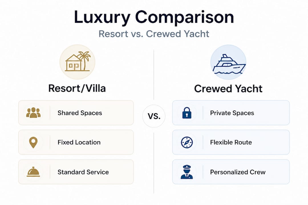 Infographic comparing resort and crewed yacht