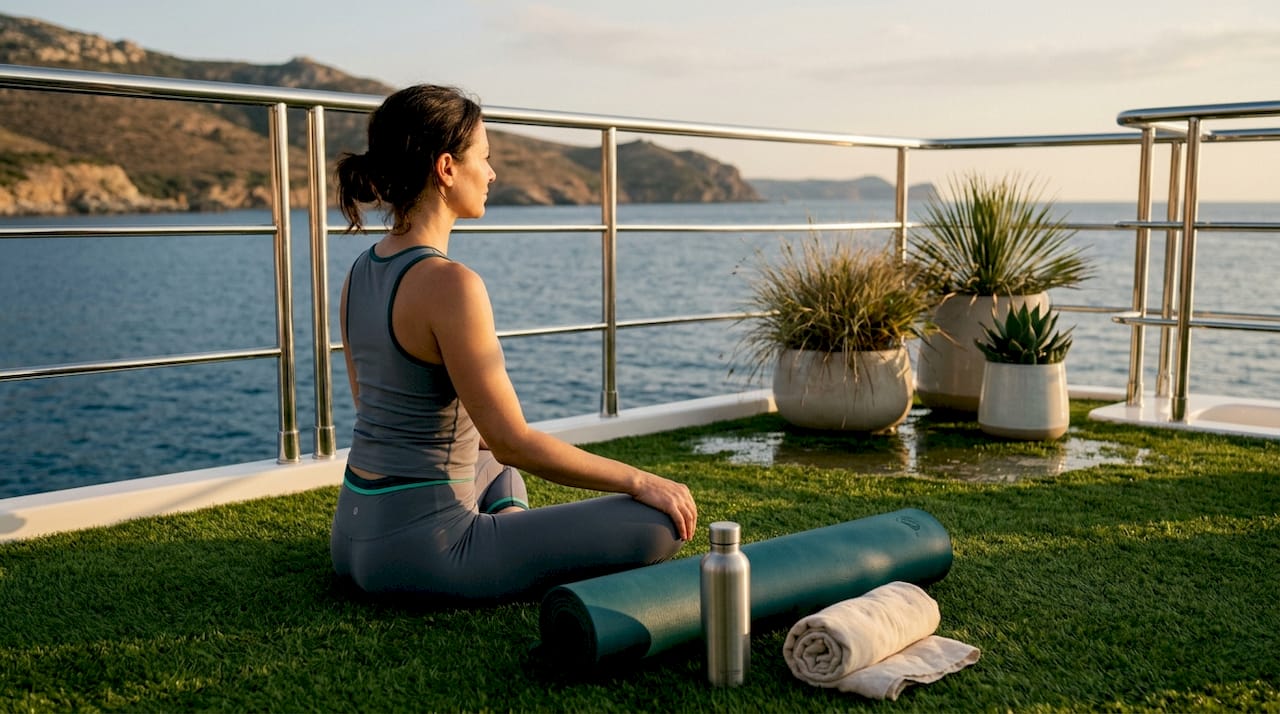 Yoga al tramonto sul ponte dello yacht: un momento di relax con vista mare