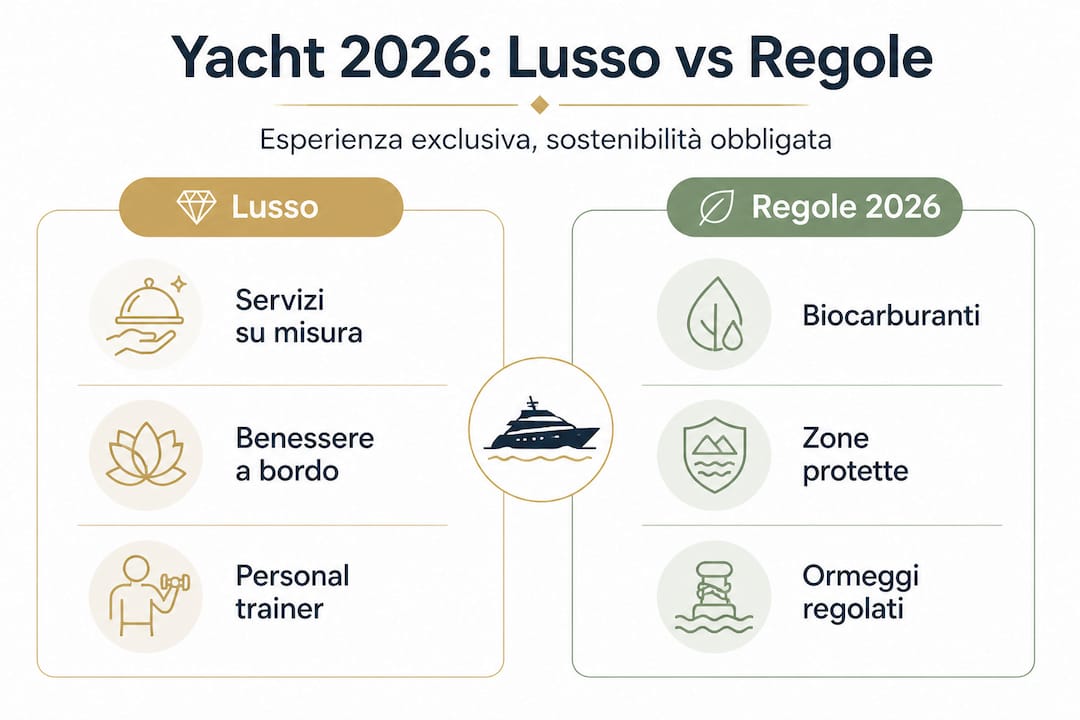 Infografica: confronto tra comfort di lusso e normative sugli yacht previsti per il 2026