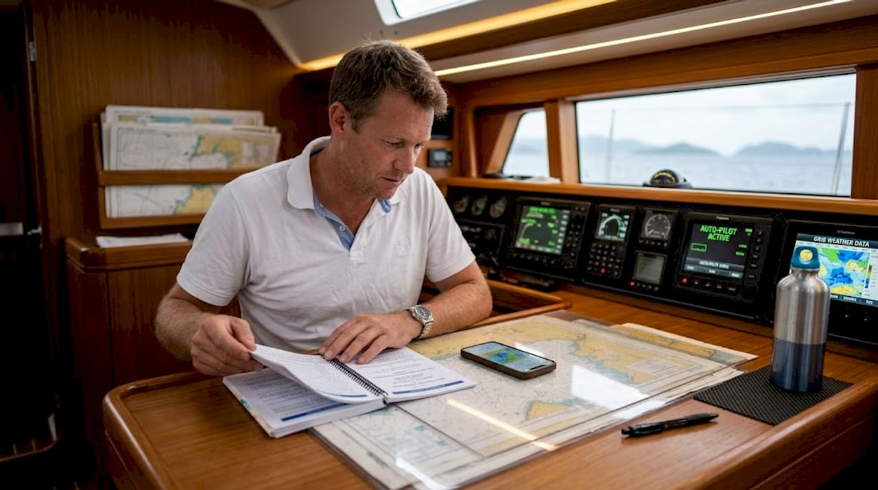 Captain reviewing navigation rules in yacht cabin