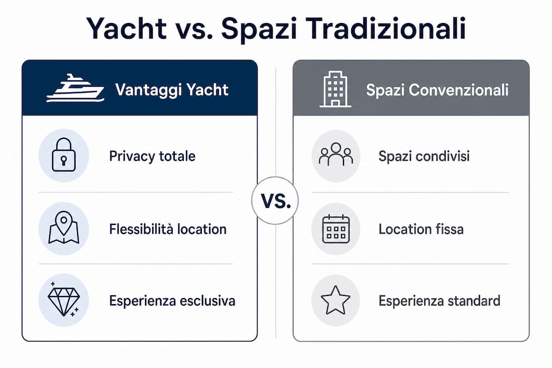 Infografica: confronto tra eventi a bordo di uno yacht e location tradizionali
