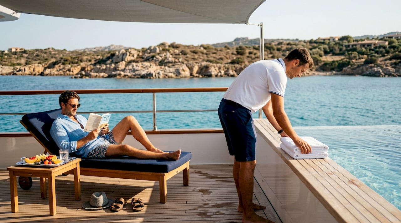 Superyacht crew preparing guest lounge area