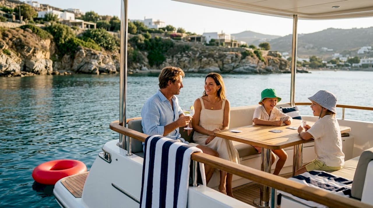 Family relaxing aboard anchored luxury yacht