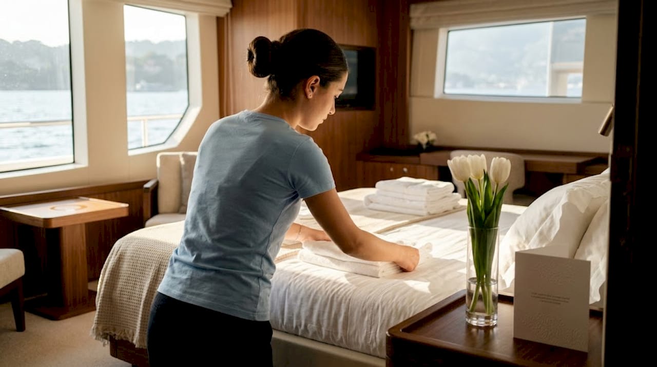 La hostess si occupa di sistemare la cabina degli ospiti a bordo dello yacht, curando ogni dettaglio per garantire un'accoglienza impeccabile.