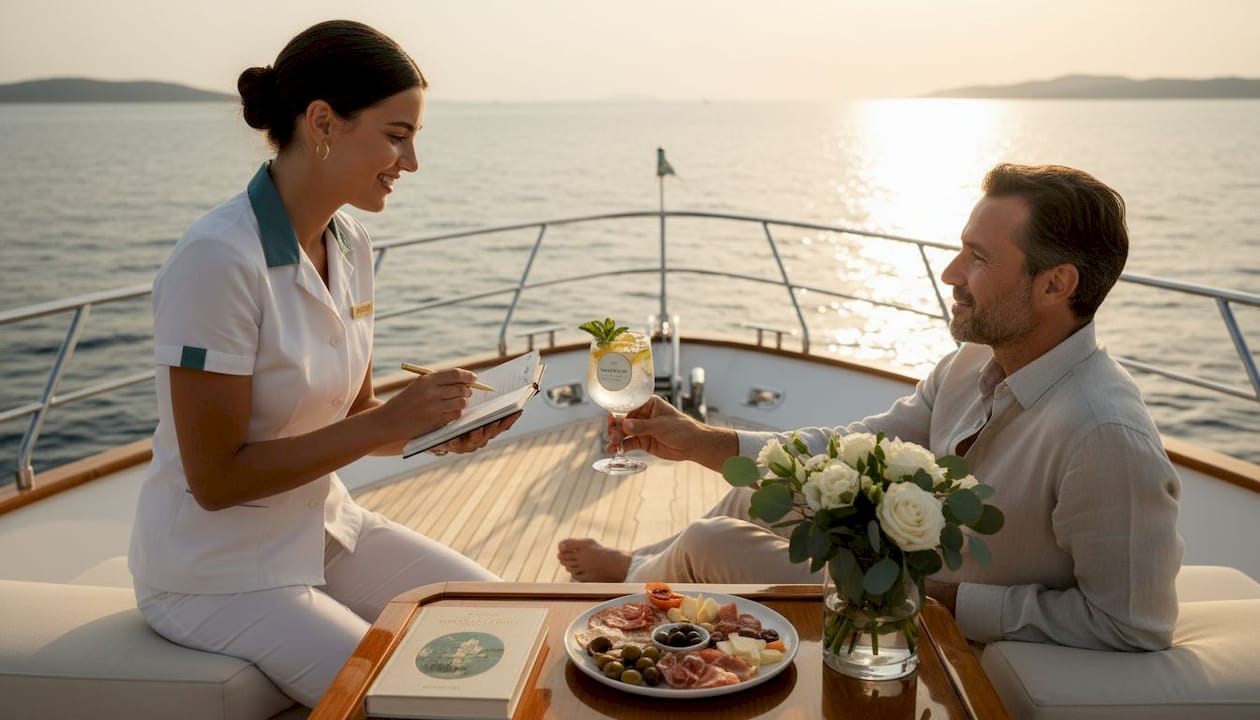 Il personale si prende cura degli ospiti a bordo dello yacht di lusso, garantendo un servizio impeccabile.