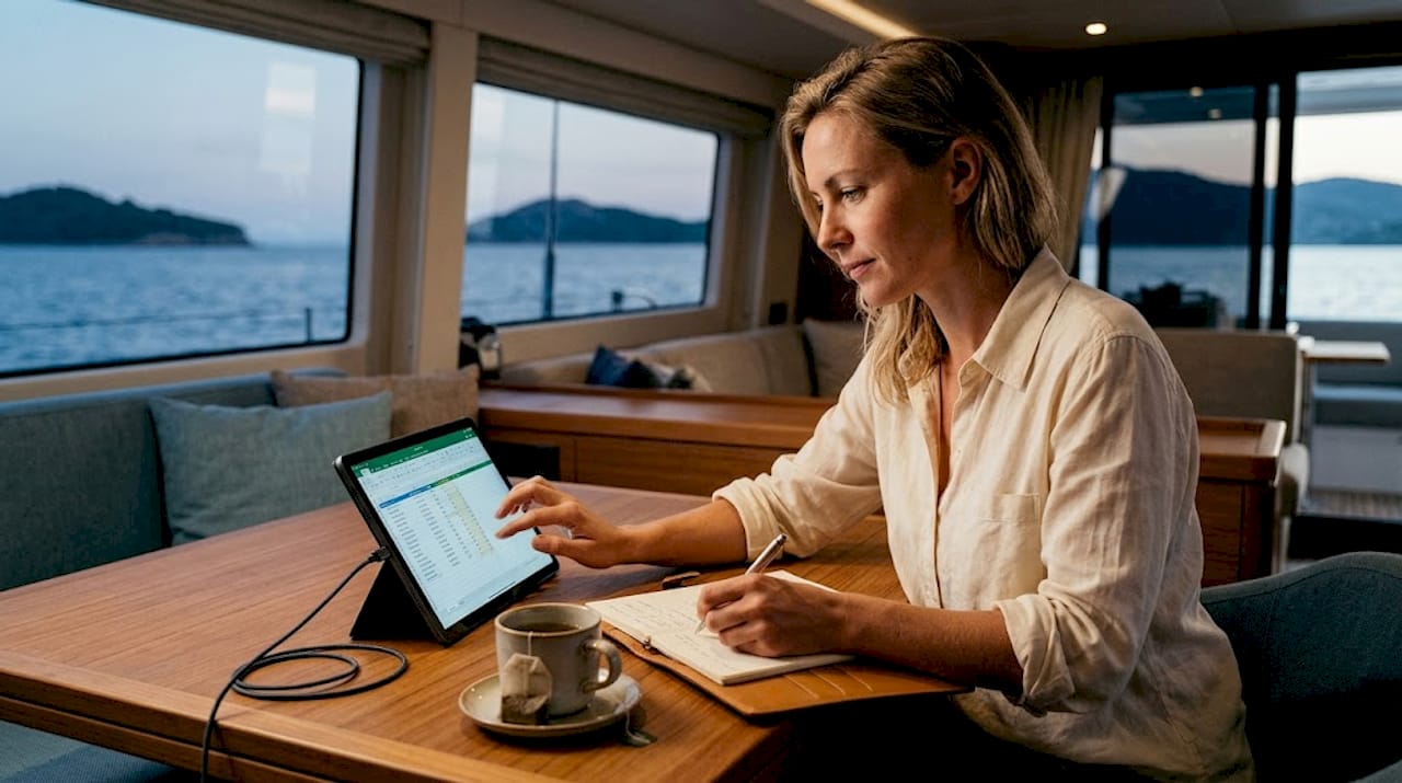 Woman tracking yacht APA expenses on tablet