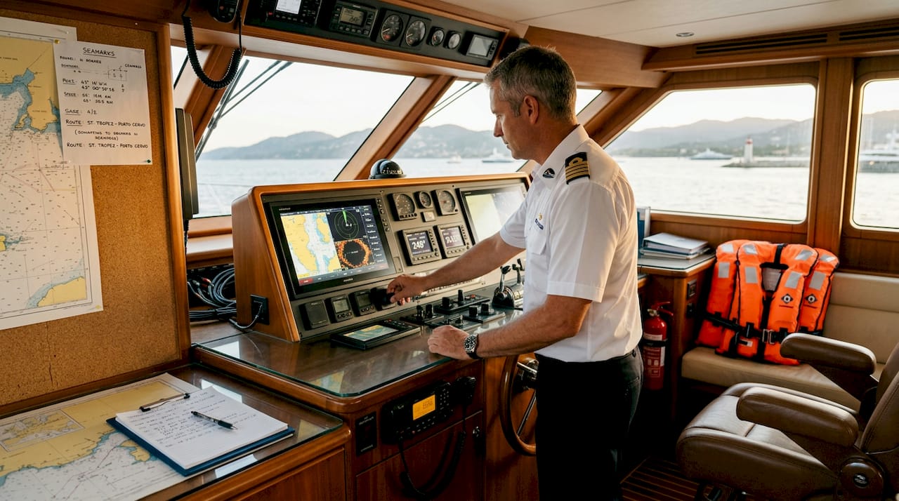 Yacht captain reviewing safety procedures